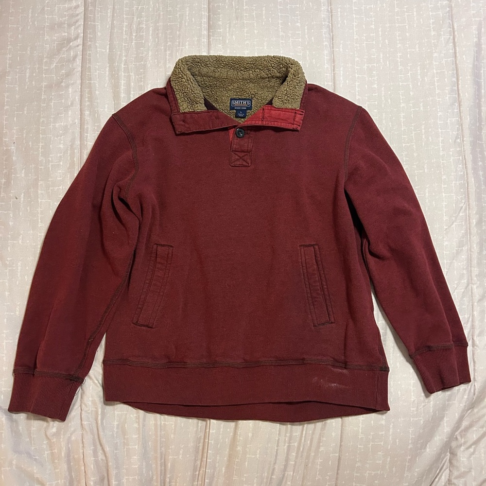 Red sweater with buttons and a fuzzy collar